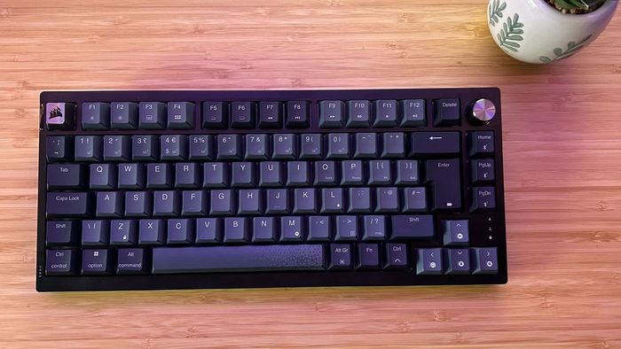 Bàn phím không dây Corsair K65 Plus trên một bàn gỗ không có đèn nền RGB với một chậu cây