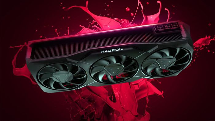 Card đồ họa AMD Radeon RX 7900 GRE với chất lỏng màu đỏ phía sau