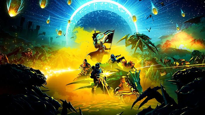 Một nhóm Helldivers tập hợp trong một tác phẩm nghệ thuật cho Helldivers 2