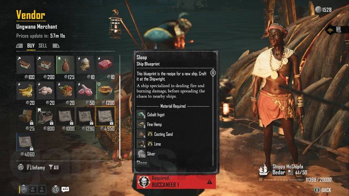 Trạm Kho vàng chìm Ungwana của Skull and Bones và bản thiết kế thuyền sloop