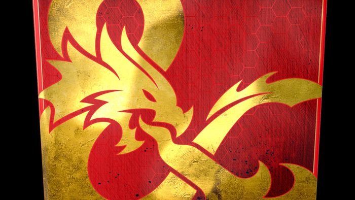 Một biểu tượng rồng vàng trên nền đỏ