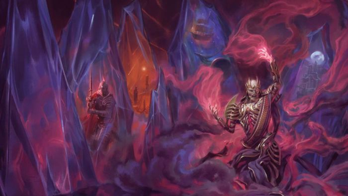 Một Vecna xương gọi hồi sương mù đỏ rực, với các tinh thể trong nền chứa đựng các cảnh từ lịch sử D&D