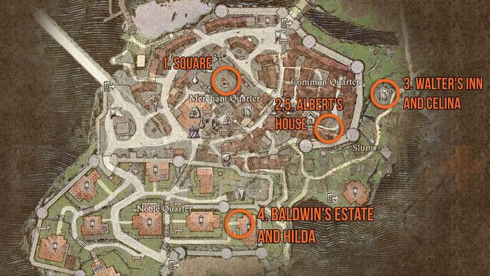 Bản đồ Dragon's Dogma 2 cho nhiệm vụ A Beggar's Tale, hiển thị lộ trình của Albert qua Vernworth