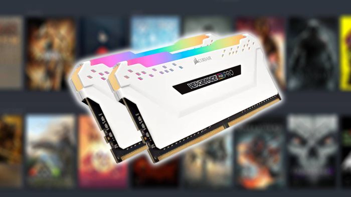 Thanh RAM Corsair màu trắng với thư viện Steam mờ nhạt ở phía sau
