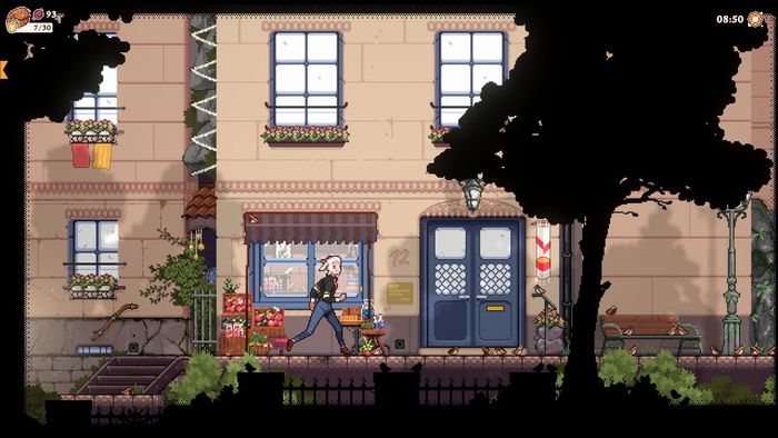Một nữ nhân vật chính chạy qua một thị trấn trong một trò chơi platformer pixel cổ điển