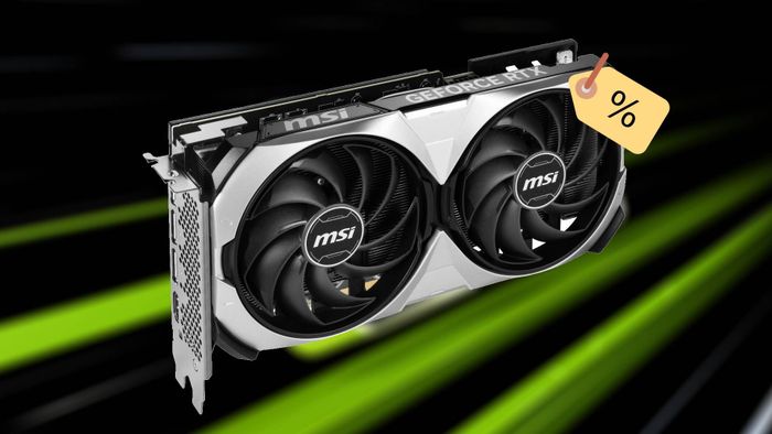 Card GPU MSI RTX 4070 Ti với thẻ giá có emoji đính kèm và phông nền màu xanh lá cây