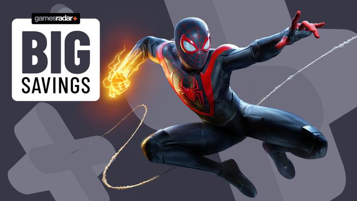 Miles Morales Spider-Man trên nền xám với huy hiệu giảm giá lớn