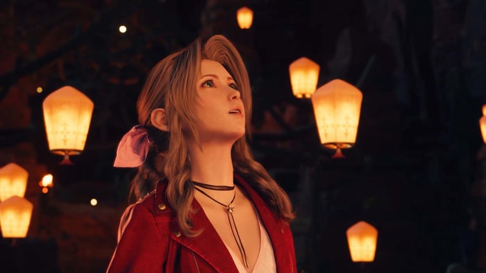 Aerith được bao quanh bởi những chiếc đèn lồng lửa trong Final Fantasy 7 Rebirth