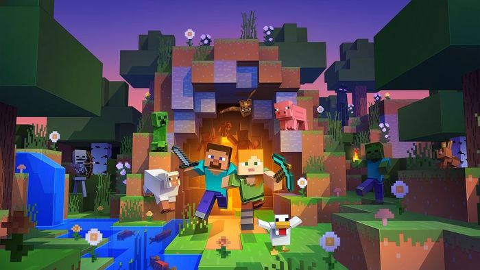 Hai nhân vật nổi lên từ một hang động trong Minecraft