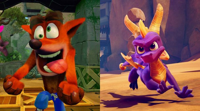 Hình ảnh chia đôi với một Crash Bandicoot ngố ngố (bên trái) và một Spyro The Dragon đang chạy (bên phải)