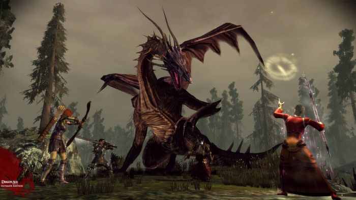 Các nhân vật tấn công một con rồng trong Dragon Age: Origins - Ultimate Edition.