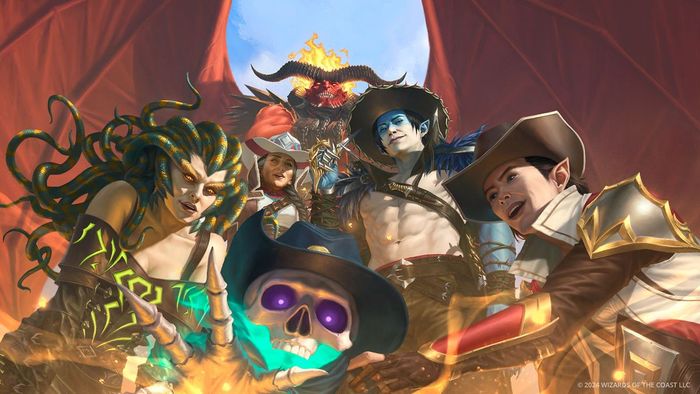 Vraska, Tinybones, Oko, và nhiều nhân vật phản diện MTG khác nhìn xuống trong khung ảnh quảng cáo MTG Outlaws của Thunder Junction