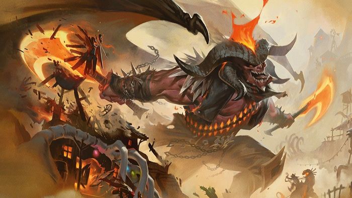 Nghệ thuật từ một lá bài MTG Outlaws của Thunder Junction chưa được tiết lộ, hiển thị một sinh vật có sừng phá hủy một tòa nhà.