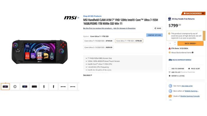 Ảnh chụp màn hình trang đặt hàng trước MSI Claw trên Newegg