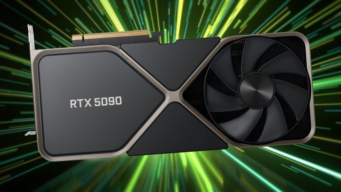 Mô phỏng của Nvidia GeForce RTX 5090 với ánh sáng xanh phía sau