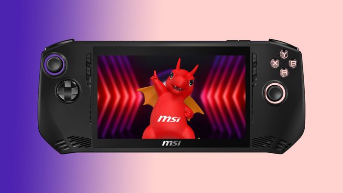 MSI Claw cầm tay với linh vật trên màn hình và nền xanh và hồng