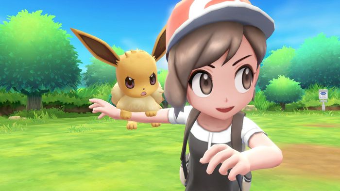 Ảnh chụp màn hình Pokemon Let's Go Eevee của một huấn luyện viên gửi đối thủ Eevee của mình vào trận chiến.