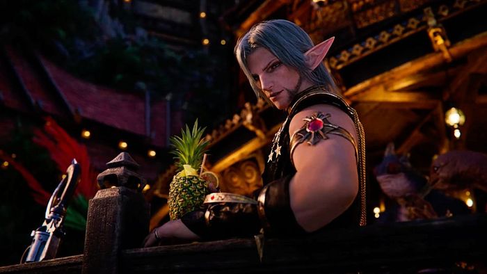 Urianger thưởng thức một ly nước dừa trong đoạn trailer của Final Fantasy 14's Dawntrail