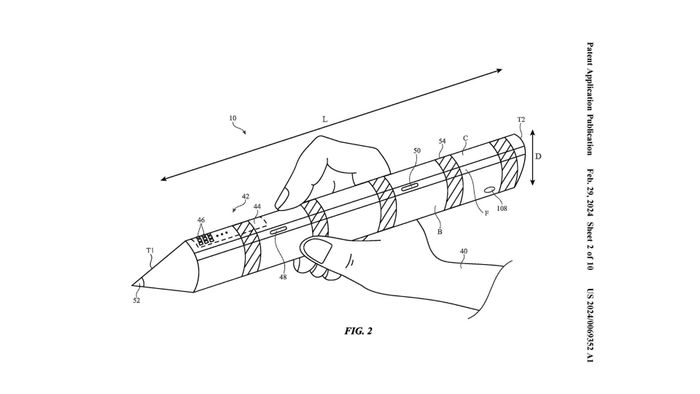 Một sơ đồ từ bằng sáng chế của Apple về các bộ điều khiển cầm tay, cho thấy điều giống như một cây bút Apple khổng lồ