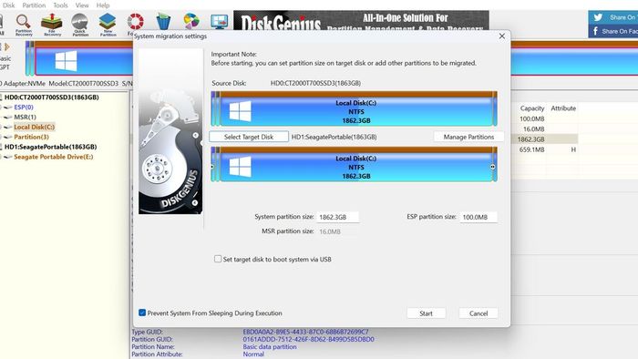 Ảnh chụp màn hình cửa sổ di chuyển hệ thống của DiskGenius
