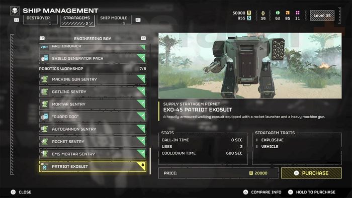 Chiến lược Patriot Exosuit mech của Helldivers 2 trong menu quản lý tàu