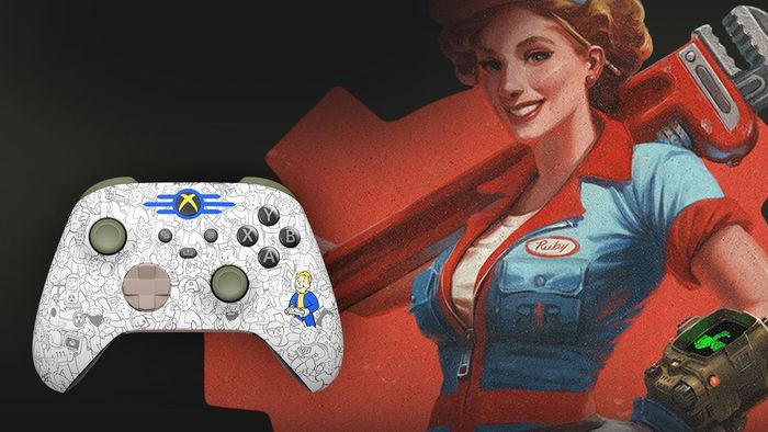 Bộ điều khiển không dây Fallout với một nhân vật đeo Pip-Boy trong hình nền