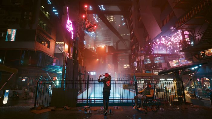 Thành phố Đêm của Cyberpunk 2077, được chiếu sáng bởi ánh sáng sáng rực.