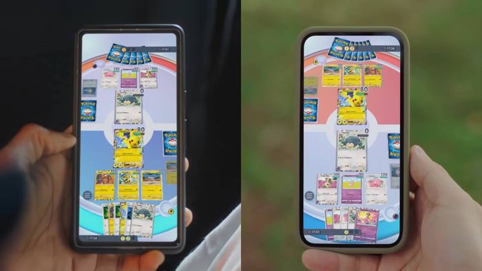 Hai điện thoại hiển thị Pokemon Trading Card Game Pocket