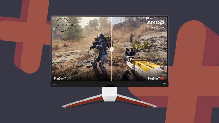 Màn hình chơi game BenQ Mobiuz với AMD FreeSync Starfield được bật và tắt trên màn hình và phông nền màu hải quân với các ký hiệu cộng màu cam