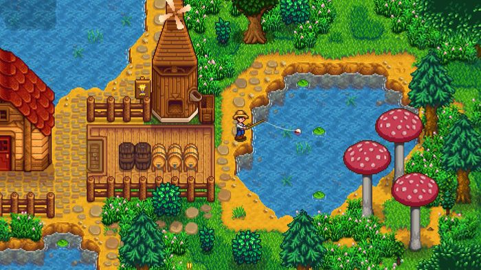 Một người chơi câu cá trong một ao trong Stardew Valley.