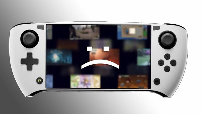 Thiết bị cầm tay SuiPlay0X với biểu tượng khuôn mặt buồn và hình nền màu xám gradient