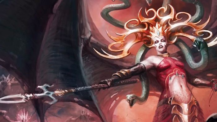 Morathi, trong hình dạng Nữ hoàng bóng đêm với đuôi rắn và cánh