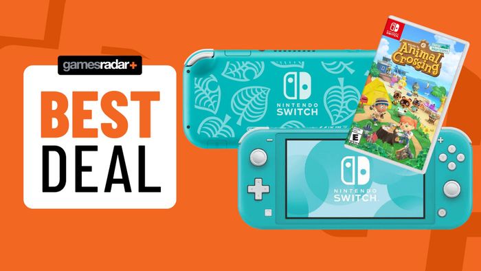 Phiên bản Animal Crossing Nintendo Switch Lite trên nền cam với một bản sao của trò chơi và một biểu tượng ưu đãi tốt nhất