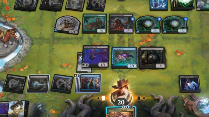 Một lựa chọn các lá bài trên một cánh đồng cỏ trong Magic: The Gathering Arena