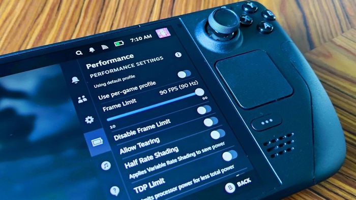 Cận cảnh thanh bên trong cài đặt SteamOS với menu hiệu suất đang hiển thị