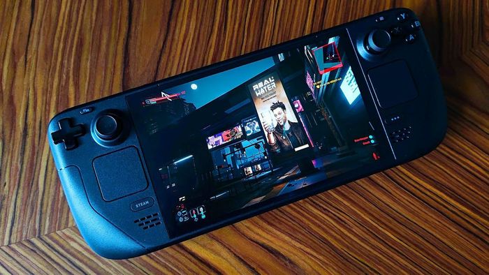 Steam Deck OLED với màn hình hiển thị Cyberpunk 2077 và biển báo ghi 'real water' xuất hiện