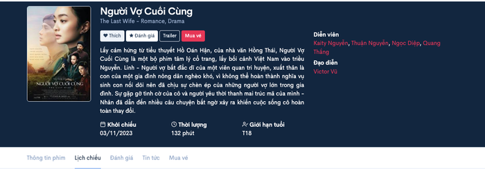 Đặt vé xem Người Vợ Cuối Cùng trên trang web của Mytour