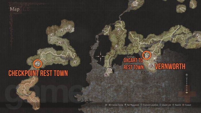 Bản đồ của Dragon's Dogma 2 thánh của khu ổ chuột đến Checkpoint Rest Town