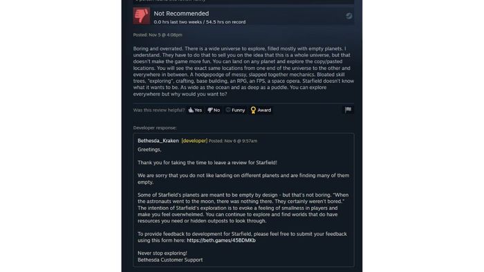 Bethesda phản hồi lại các đánh giá tiêu cực về Starfield trên Steam