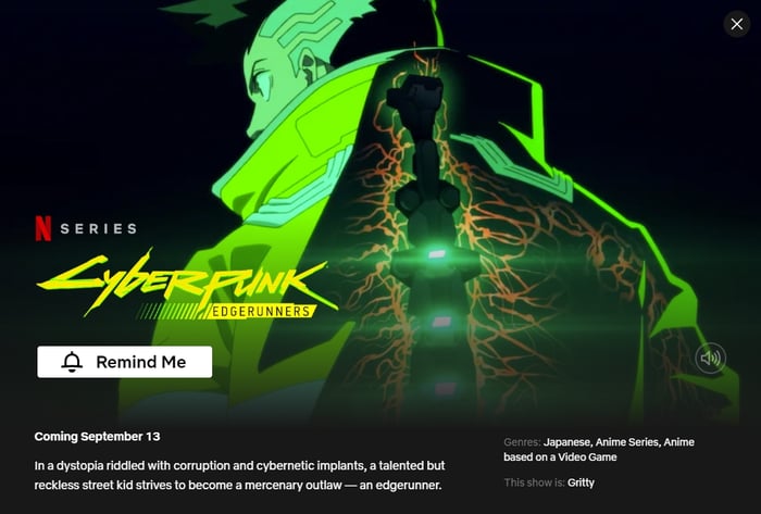 Netflix Liệt Kê 'Cyberpunk: Edgerunners' Sẽ Ra Mắt Vào Giữa Tháng Chín