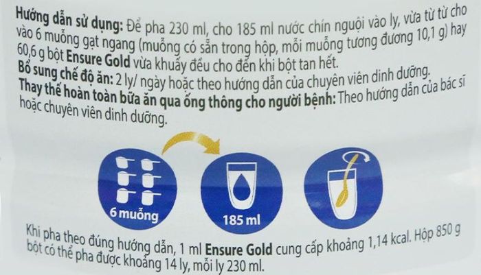 Hướng dẫn sử dụng và khuyến cáo được in trên bao bì sữa bầu Ensure Gold hương vani 850g