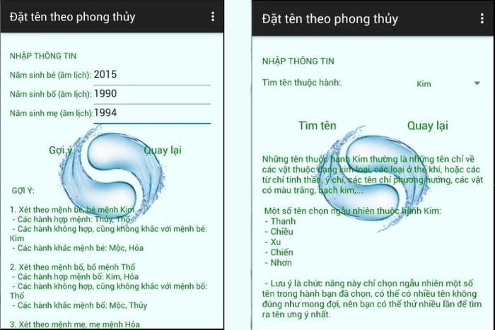 Ứng dụng đặt tên theo phong thủy cho con