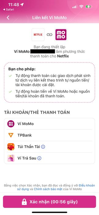 Bước 6: Trên ứng dụng MoMo, xác nhận để hoàn tất kết nối và thanh toán. Giao dịch thành công.