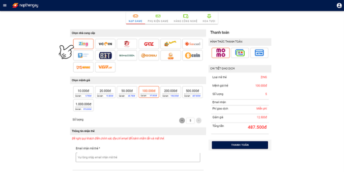 Bước 2: Lựa chọn mua thẻ Zing.