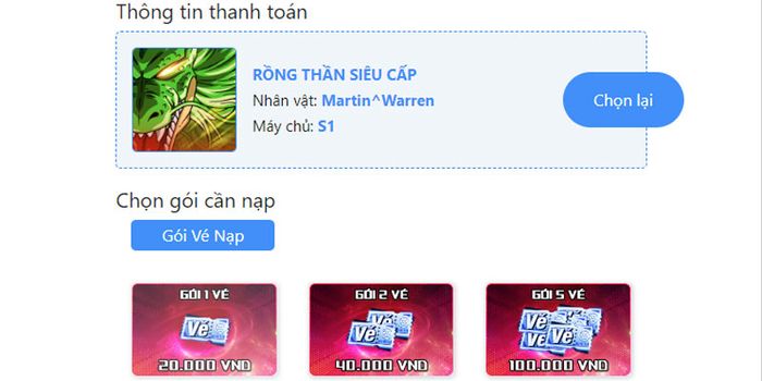 Bước 2: Chọn gói bạn muốn nạp tiền;