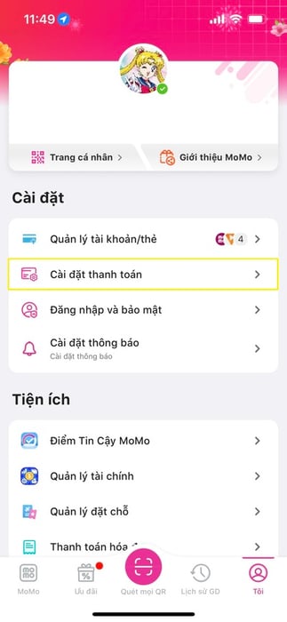 Bước 1: Đăng nhập vào ứng dụng MoMo, chọn mục 'Tôi' > Cài Đặt Thanh Toán.