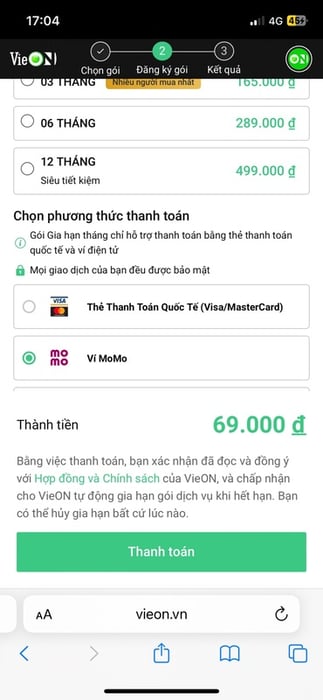 Chọn gói dịch vụ > Chọn MoMo là phương thức thanh toán