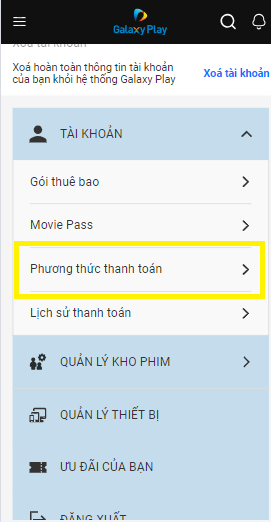 Bước 3: Chọn mục Phương thức thanh toán.