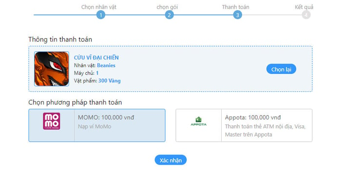 Bước 3: Lựa chọn Phương thức thanh toán “MoMo”.