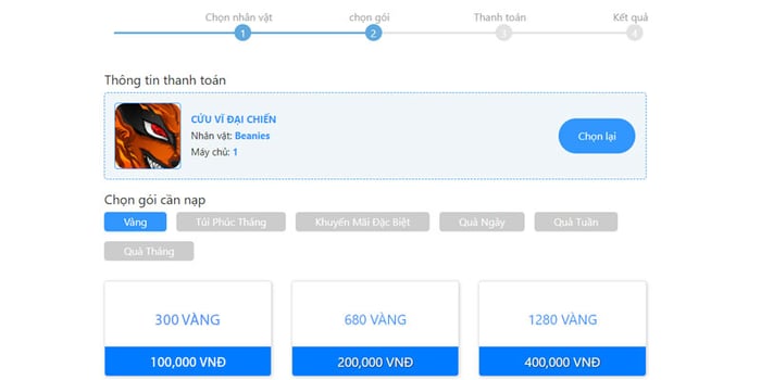 Bước 2: Chọn gói cần nạp.